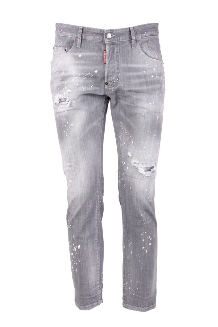 Shop DSQUARED2  Jeans: DSQUARED2 stretch cotton denim jeans.
Skater model.
Slim fit.
Used wash with destroyed details and paint stains.
Button closure.
Logoed label on the flap.
Logoed label on the back, in leather.
Composition: 98% Cotton 2% Elastane.
Made in Italy.. S74LB1477 S30260-852